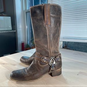 Bed Stu brown leather western boots w blue stitching
